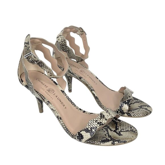 Chinese Laundry Womens Size 7 Ankle Strap 3" Heels Snakeskin Cream Black - Picture 2 of 10